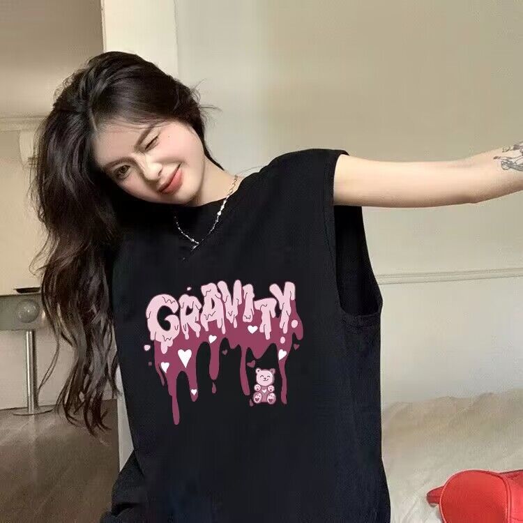 2025夏季印花宽松百搭外穿无袖上衣潮美式BF风坎肩运动背心t恤女