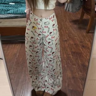 卡通可爱kitty猫咪印花白色阔腿牛仔裤女春季新款直筒宽松慵懒风