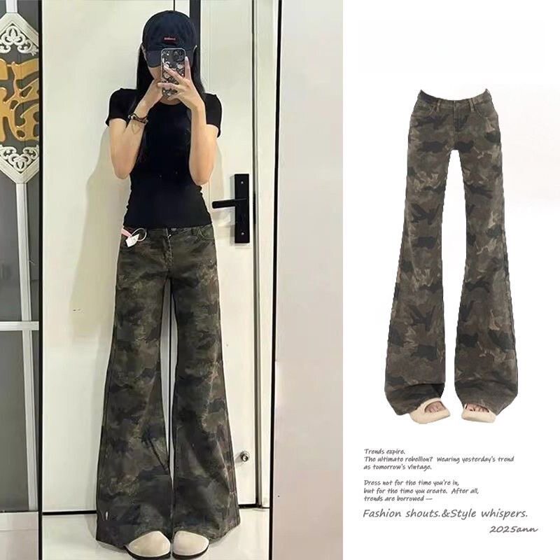 美式复古迷彩微喇牛仔裤女2026春季韩版新款高街宽松显瘦拖地长裤