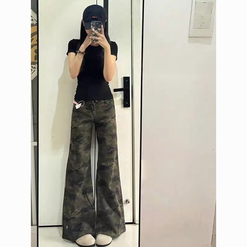 美式复古迷彩微喇牛仔裤女2026春季韩版新款高街宽松显瘦拖地长裤