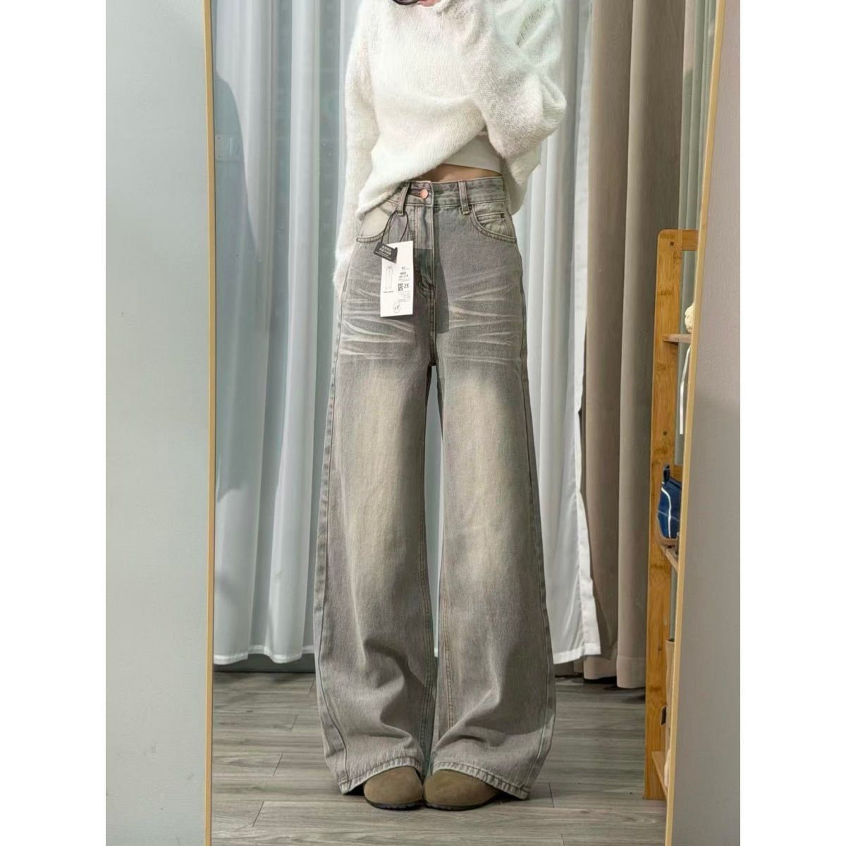 美式复古浅灰色宽松阔腿牛仔裤女新款高腰显瘦百搭直筒拖地长裤子