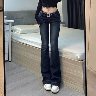 美式复古辣妹深蓝色微喇叭牛仔裤女2026春季新款高腰显瘦直筒长裤