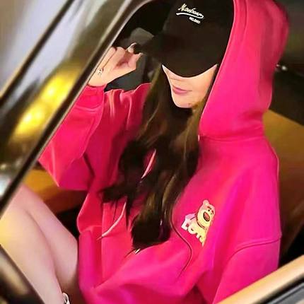 2025秋冬新款宽松慵懒风上衣外套美式连帽可爱草莓连帽加绒卫衣女