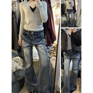 美式复古水洗蓝色牛仔裤女2026春季新款高腰显瘦直筒阔腿微喇长裤