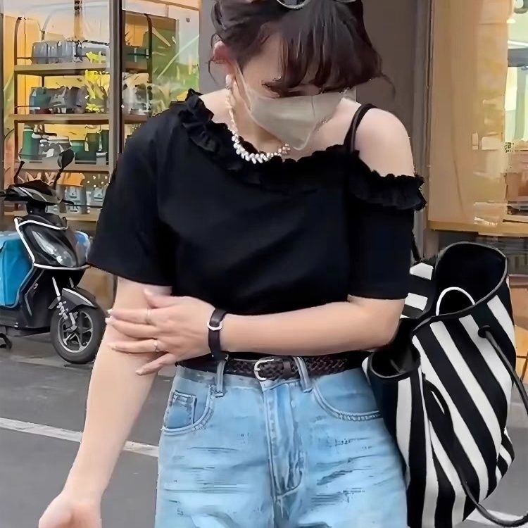 黑色木耳边肩带斜肩短袖t恤女款2025新款夏季超好看独特漂亮上衣
