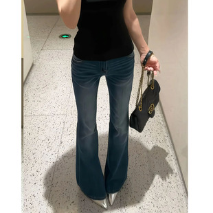 深蓝色低腰微喇叭牛仔裤女2026春季韩版新款辣妹修身弹力拖地裤子