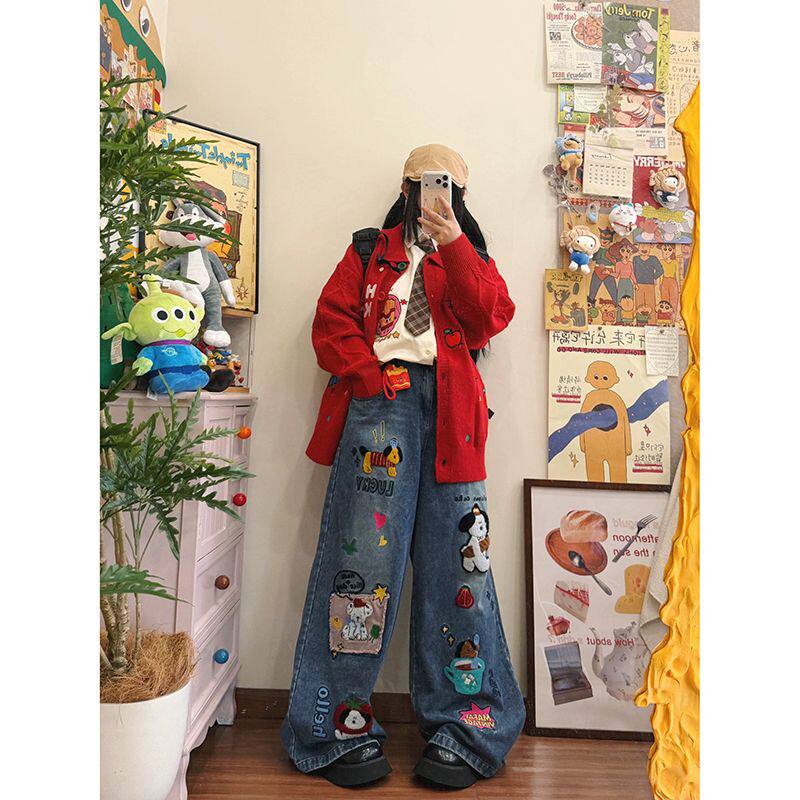 美式可爱卡通贴布牛仔裤裤子女款2026春季新款宽松休闲百搭阔腿裤