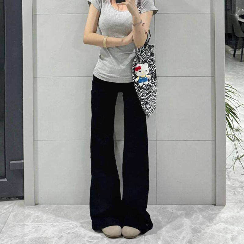 黑色小个子不贴腿微喇牛仔裤女2025秋季新款宽松显瘦直筒拖地裤子