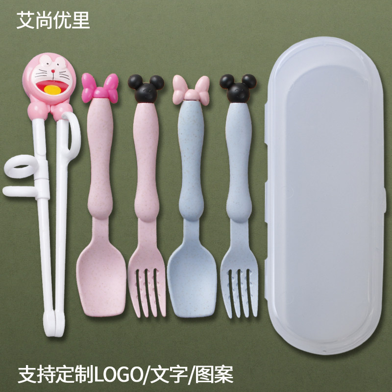包邮米奇幼儿小麦秸秆防摔防烫嘴可爱米奇造型儿童餐具勺叉学习筷