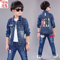 Quần áo bé trai mùa thu denim 2019 quần áo trẻ em thủy triều mới cho bé trai mùa xuân và mùa thu trẻ em lớn trẻ em nước ngoài hai mảnh - Phù hợp với trẻ em quần dài cho bé gái