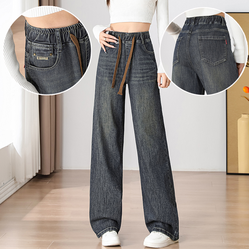 高腰阔腿牛仔裤小个子窄版直筒裤