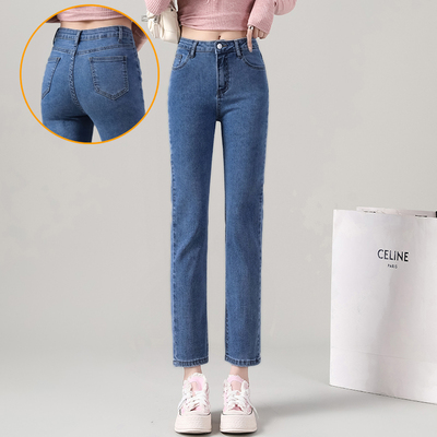 复古蓝弹力九分牛仔裤女法棍烟管