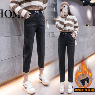 哈伦直筒弹力老爹裤 2025新款 子 女学生松紧腰秋冬季 加绒加厚牛仔裤