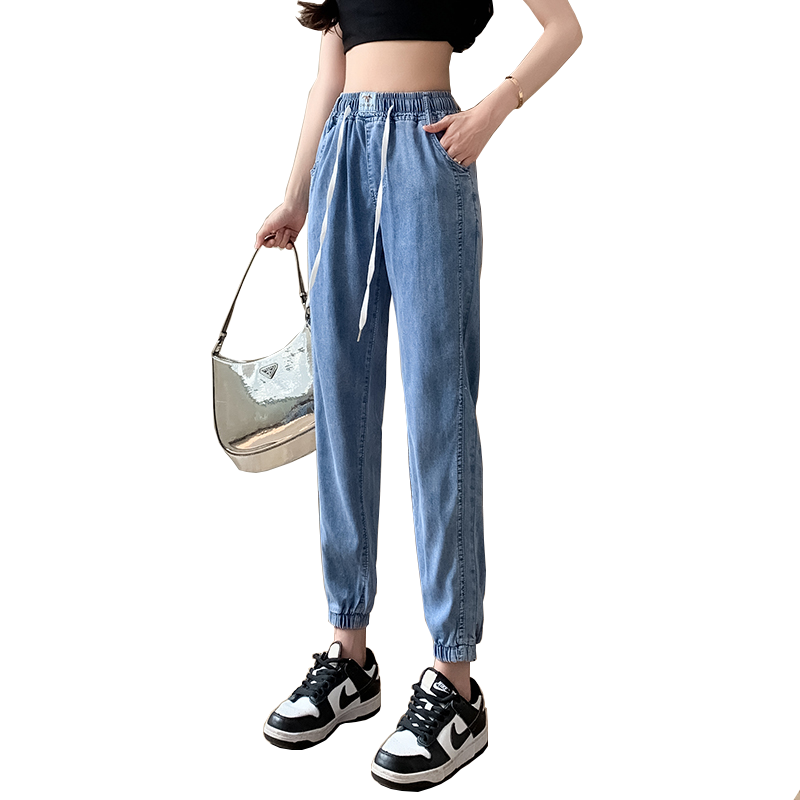 天丝束脚牛仔裤女2025夏季超薄透气松紧腰学生九分哈伦冰丝萝卜裤