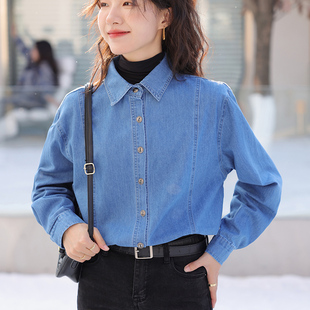 蓝色软牛仔衬衫女内搭叠穿春装2025新款小个子正肩港味衬衣