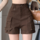阔腿工装 加厚弹力修身 热裤 时尚 咖啡色高腰牛仔短裤 靴裤 女秋冬新款