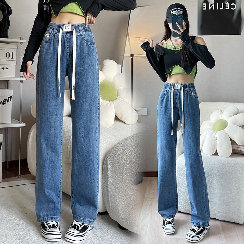 松紧腰直筒阔腿牛仔裤女宽松