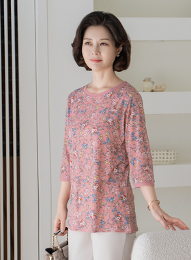 韩国妈妈装七分袖T恤2025夏大码中老年碎花圆领宽松上衣TE2504016
