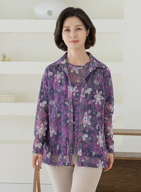 韩国妈妈装上衣两件套2025春大码女装圆领短袖翻领开衫EN2504002