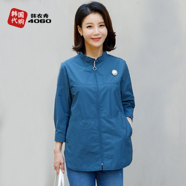 韩国妈妈夏装外套立领洋气宽松纯色中年女装上衣七分袖薄OUB3027