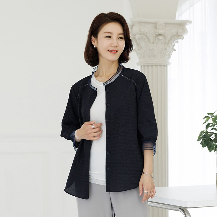 韩国妈妈装七分袖衬衫2024夏中老年女单排扣圆领宽松上衣TBD3137