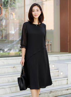 韩国妈妈装连衣裙2025夏大码女装黑色圆领七分袖中长裙OPD3052