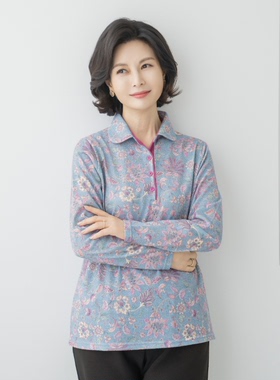 韩国妈妈装长袖T恤2025秋冬中老年女翻领碎花磨毛上衣TE2510021