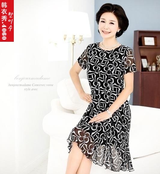 韩国中老年女装网纱连衣裙夏装裙子大码妈妈装修身圆领中裙765