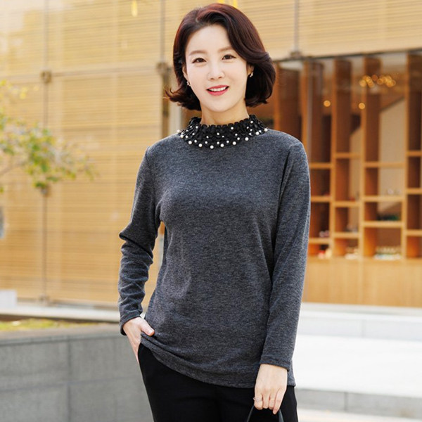 韩国冬季妈妈装长袖T恤珍珠高领中老年女装