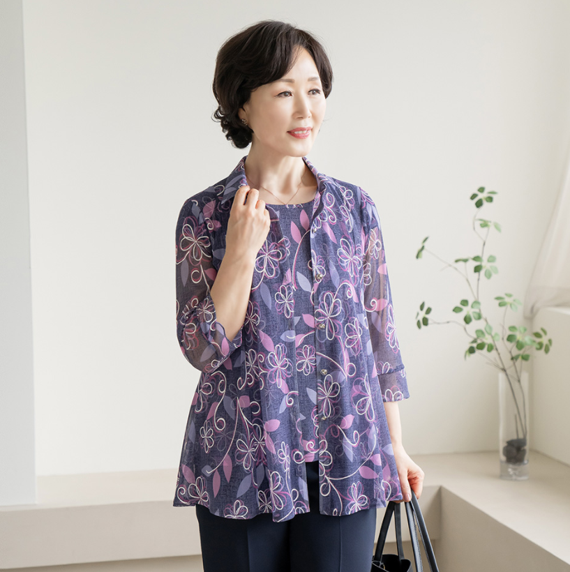 韩国中老年女上衣两件套2024春夏妈妈装杯袖T恤翻领开衫EN2404011