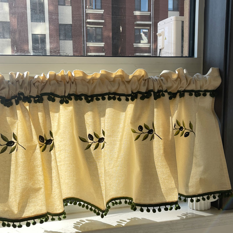 美式北欧地中海清新免打孔隔断柜帘橄榄叶刺绣成品半帘门帘咖啡帘