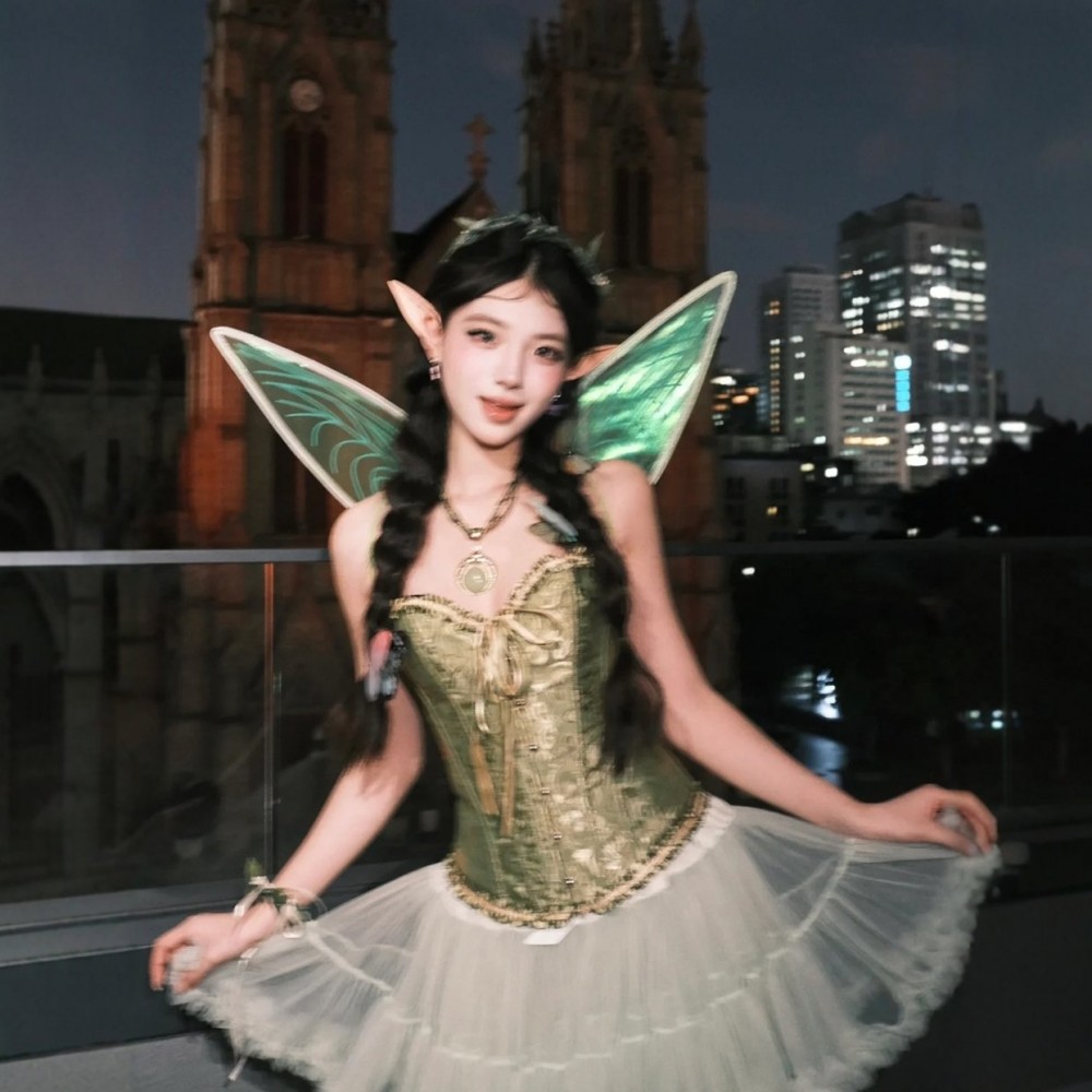 绿色精灵小叮当绿野仙踪连衣裙万圣节cosplay服装女深林系束腰图片
