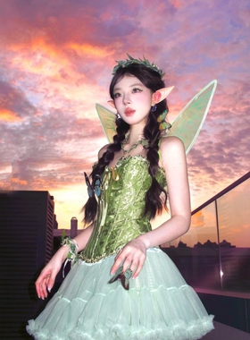 绿色精灵小叮当绿野仙踪万圣节装扮衣服深林系束腰裙子角色扮演