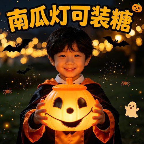 万圣节南瓜灯发光手提儿童道具南瓜桶糖果罐讨糖袋灯笼装饰品篮子