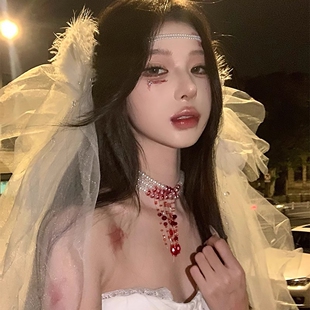 万圣节滴血珍珠项链哥特红色多层chocker装饰品装扮妆造配饰道具