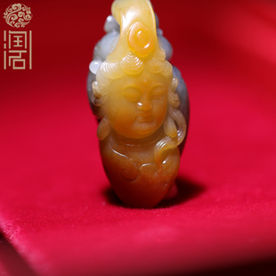 【姑苏润石堂】在售10.8克新疆和田玉籽料黄沁青花法螺观音吊坠