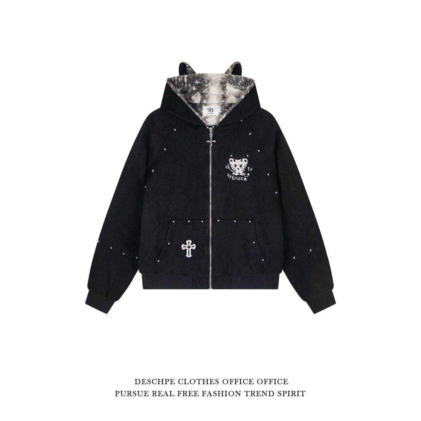 美式卡通风恶魔猫咪刺绣棉衣棉服