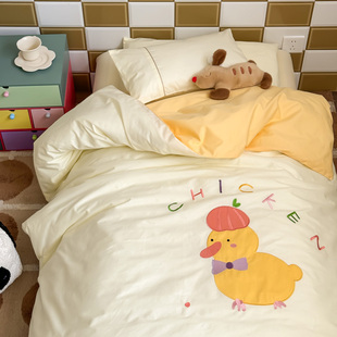 幼儿园被子三件套全棉纯棉婴儿童宝宝纯黄蓝色绣花入园六件套床品