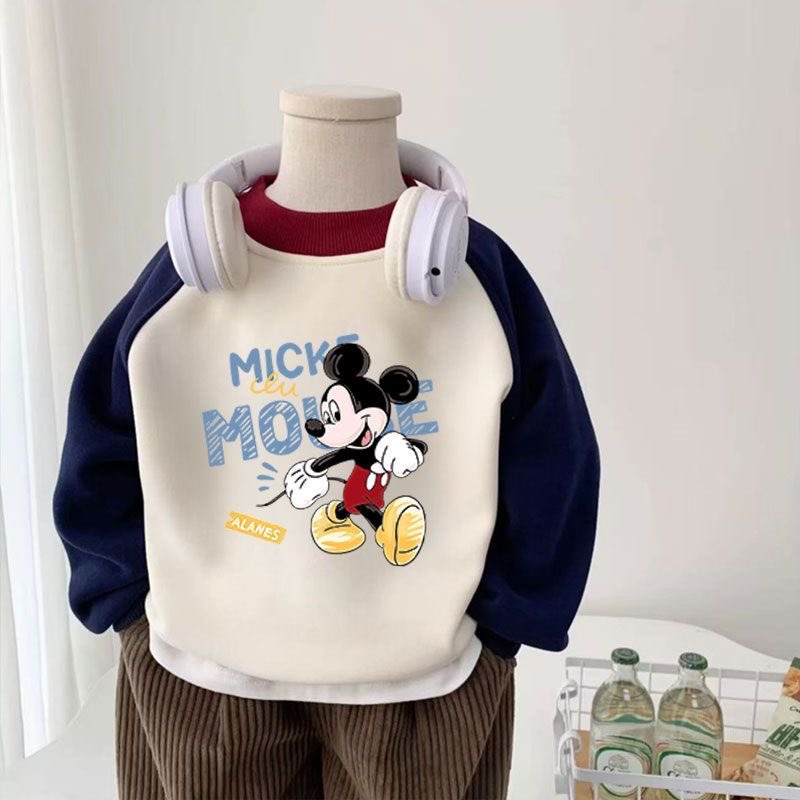 男童女童卡通动漫加绒卫衣2025新款秋冬宝宝米奇长袖加厚上衣保暖