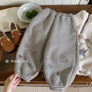 男童女童加绒裤子2025冬季新款儿童细条纹加厚卫裤宝宝宽松束脚裤