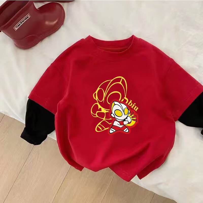 ins儿童奥特曼长袖宝宝假两件上衣春秋男童女童卡通红色T恤打底衫