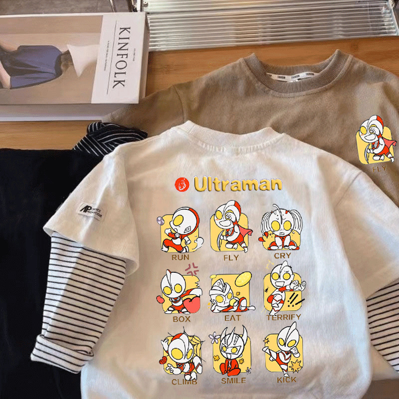 儿童奥特曼长袖T恤宝宝咸蛋超人上衣春秋男女童卡通假两件打底衫