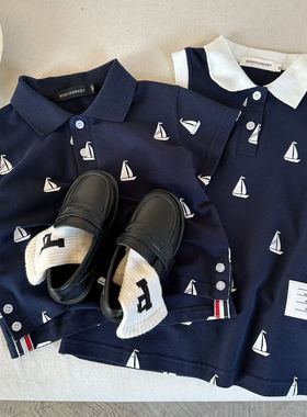 儿童tb潮牌polo衫短袖姐弟2025夏季新款男童女童polo领兄妹装T恤