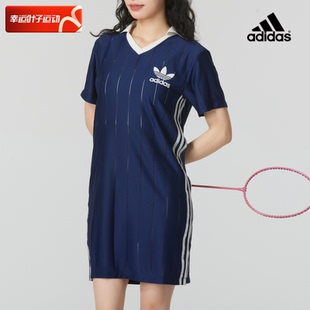 阿迪达斯叶草连衣裙女夏季 V字POLO领运动休闲裙