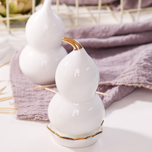 手工描金高档白色骨瓷葫芦牙签筒
