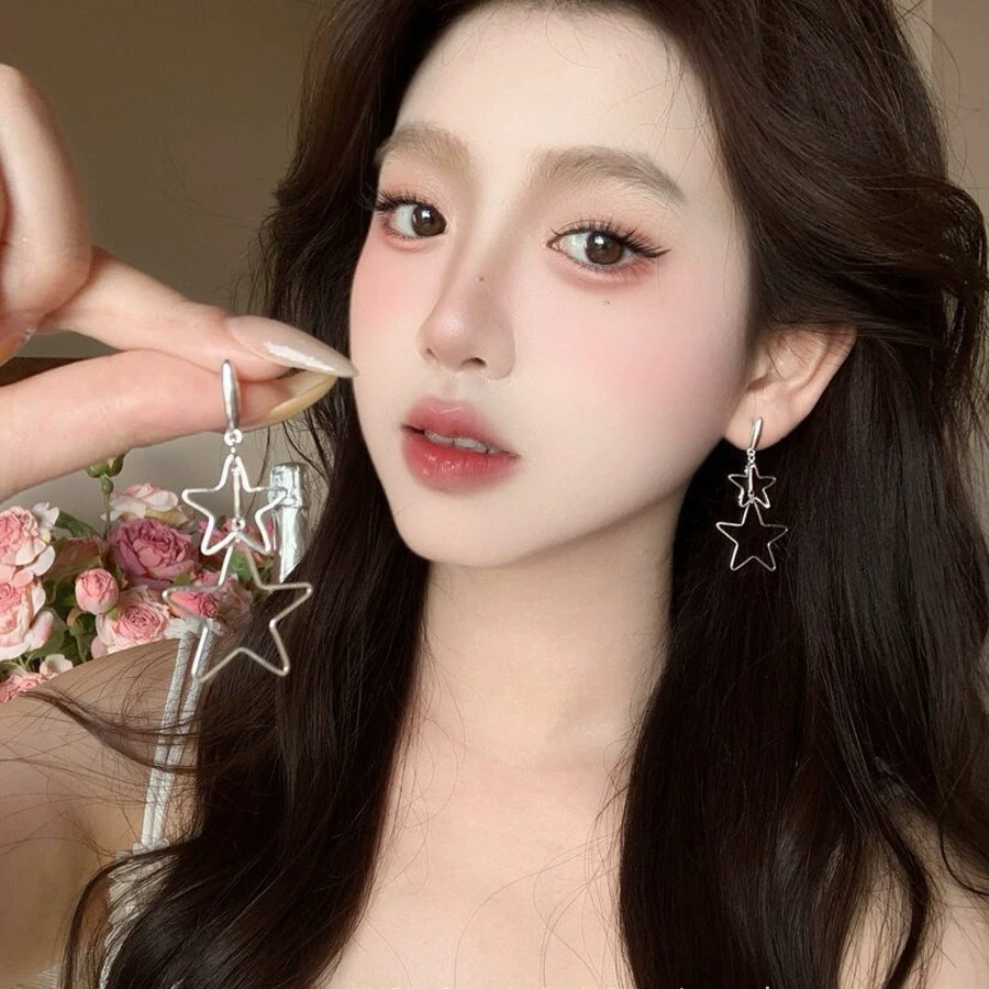 韩系银色双星星流苏耳环女简约小众设计高级感耳钉显脸小百搭耳饰