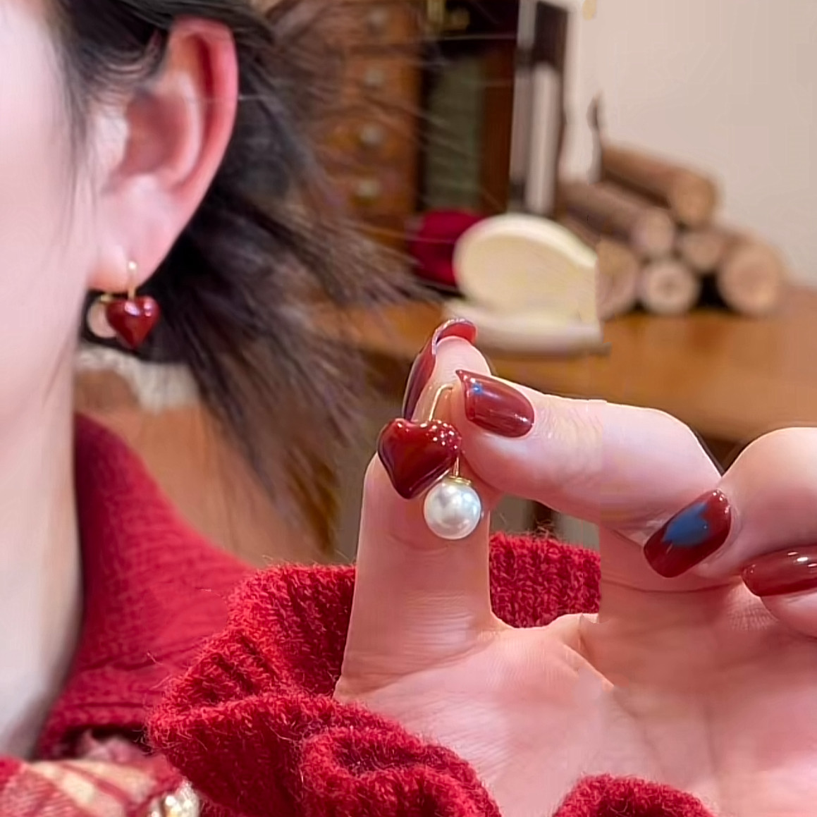 新年安可拉红色爱心珠珠前后耳挂女复古显白时尚港风高级感耳饰女,饰品/流行首饰/时尚饰品新,耳钉,淘宝优惠券,粉丝福利购,淘宝优惠卷