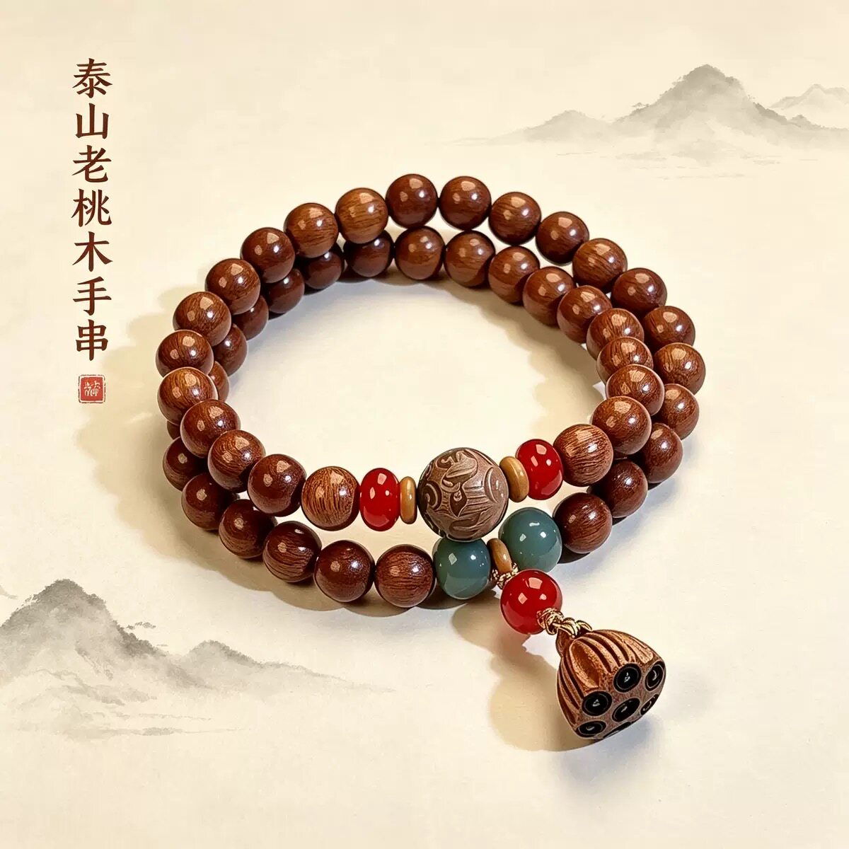 天然老桃木好运莲莲双圈手串男女款莲蓬木质佛珠念珠情侣手链文玩