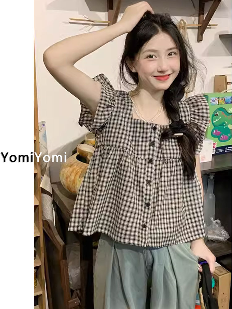 法式格子小飞袖方领衬衫女夏大码