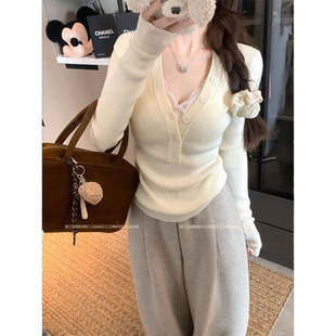 针织衫 纯欲V领修身 胖MM内搭高级感毛衣长袖 女春秋大码 上衣 打底衫